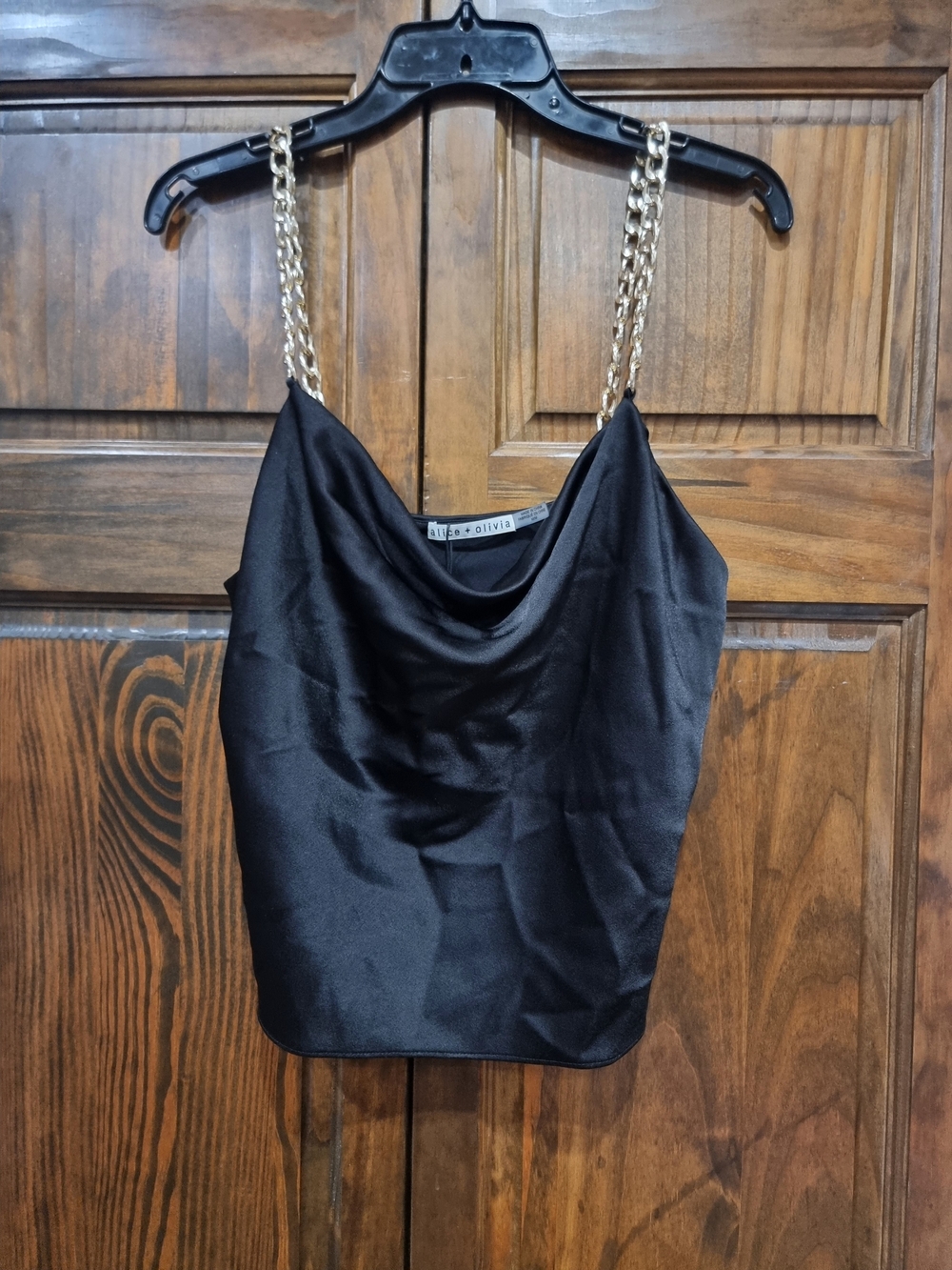 Alice + Olivia Black Satin Cowl Neck Tank with Gold Chain Straps